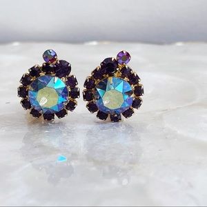 Purple Pink Iridescent Rhinestone Clip Earrings